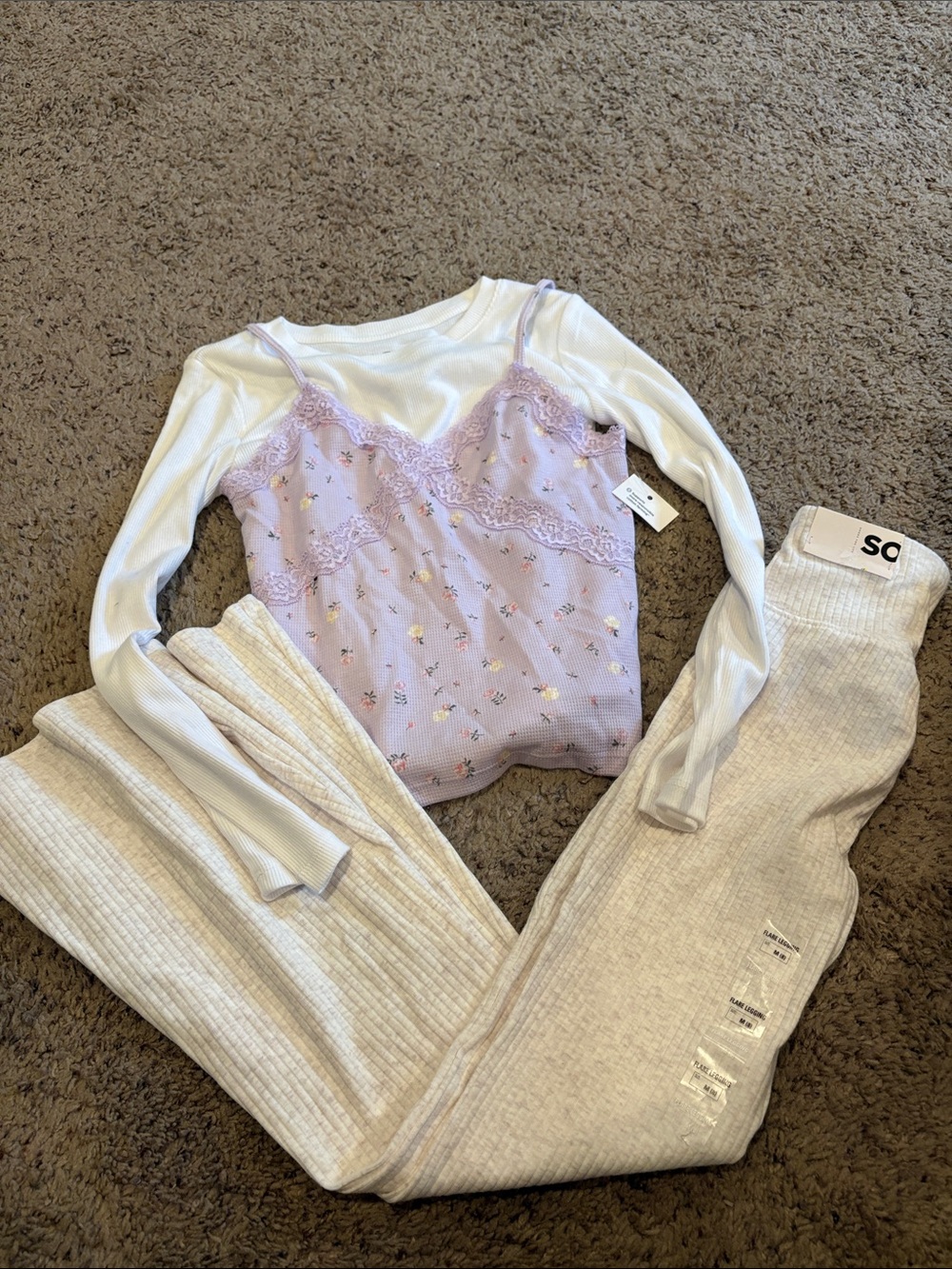 SO Girls' Lavender Ribbed Top with White Trim and cream leggings
